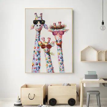 Barvita Žirafa Živalske Družine Plakat Barvanje Sten v slikah, Cuadros za Otrok Dnevni Sobi Doma Dekor Plakati Oljno sliko