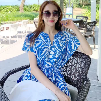 2020 Poletje Modra Cvjetnim Tiskanja Obleke korejski vzletno-pristajalne Steze Midi Obleko Elegantno Ženske A-line Swing Party Vestidos