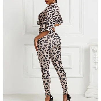 2020 Seksi Dvodelni Set Seksi Leopard Dolg Rokav Svoboden Vrh In Visoko Stretch Svinčnik Sopihanje Nastavite Ženske Dva Kosa Obleke