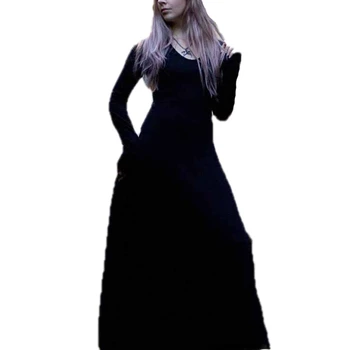 Viktorijanski Gothic Obleko Čarovnica Cosplay Black Srednjeveški Kostum, Dolg Rokav Renesančni Palači Vampir Lasuljo Lase Halloween Fancy