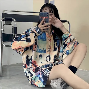Retro tiskanja Hong Kong slog dolgo sleeved majica ženska spomladi in jeseni tanke študentov korejska različica svoboden ins divje suknjič tide