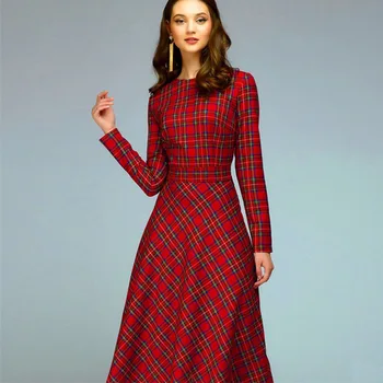 2019 žensk novo dolgimi rokavi rdeče kariran midi obleko pasu prevelik temperament obleko