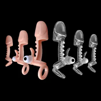 Za večkratno uporabo Penis Rokav Kondomi Extender Širitve Za Moški Penis Petelin Obroči 7 načini Klitoris stimulator Zamudo Izliv