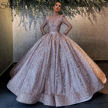 Zabuhle Žogo Obleke Visoko Vratu Dolge Rokave Sweet 16 Celebrity Obleko Rose Zlata Glittery Quinceanera Obleke 2020