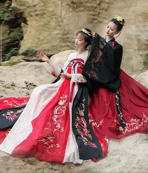 Hanfu ženske Noše Kitajski Stil Dnevne hanfu obleko Jeseni Obleko Tradicionalnih Vezenje Velikem Zamahu Obleko Rdeča Črna cosplay Hanfu
