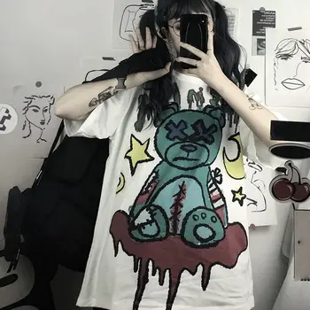 Harajuku Pastelnih Goth Tshirt Roza Kratek Rokav Kawaii Majica za Ženske, najstnice, korejski Oblačila Ulične Gothic Grafika