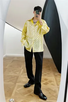 Moški Zlato Svetleče Rib Obsega Vzorec Dolg Rokav Priložnostne Ohlapno Majico Moški Nočni Klub Fazi Fashion Show Obleko Majice
