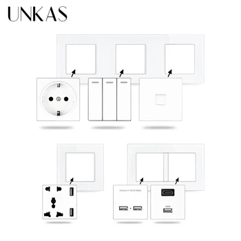 UNKAS B8 Modulov DIY Brezplačno Kombinacija EU / francoski 16A Stenske Vtičnice Dvojni Polnilnik USB Vrata Skrito Mehko LED Vtičnico