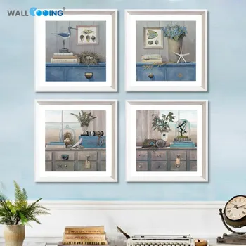 4 Kos Elegantno Modro Slog Cvetje Slike tihožitja Oljno sliko Sodobne Wall Art Print na slikarsko platno za Dekoracijo Doma