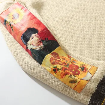 2020 Moških Hip Hop Pulover Puloverju Ulične Van Gogh Slikarstvo Vezenje Pleteni Pulover Retro Vintage Jeseni Puloverji Bombaž