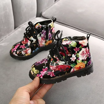 Otroške Škornji za dekleta Jeseni, Pozimi otroci čevlji Tiskanje Cvetlični platformo lakasto usnje škornji dekleta Gumijasti škornji, nepremočljiva