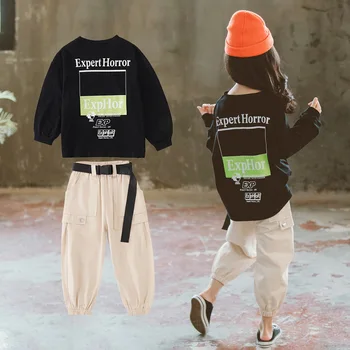 Moda za Dekleta Obleke Jeseni Otrok Šport bo Ustrezala Pismo Tiskanja Sweatshirts + Tovora Hlače 2pcs Obleke Hip Hop Oblačila, ki za Najstniških