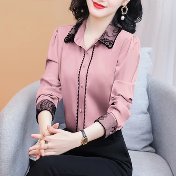 Korejski Svilene Srajce, Ženske Saten Bluze, Majica za Ženske z Dolgimi Rokavi Čipke Mozaik Bluzo Ženska Svilena Vezenina Bluzo Plus Velikost