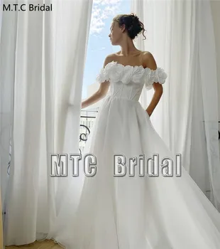Elegantno Velikih Cvetov Bele Poročne Obleke Off Ramo Line Plus Velikost Poročne Poroka Stranka Obleko Prilagodite Haljo Mariee