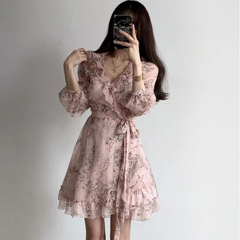 Poletje Srčkan Elegantno korejski Obleke, Ženske Flhjlwoc Koreji, japonski Slog Oblikovanja Cvjetnim Natisne Črno Šifon Cvetlični Obleko Roza 5308