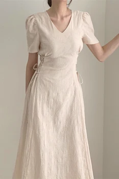 ženske obleke 2020 poletje korejski oblačil vintage elegantno V vratu slim čipke-up kratek sleeve solid color priložnostne bombaža dolgo obleko