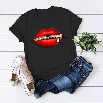 Moda za Ženske Priložnostne Tiste Rdeče Ustnice T-Shirt Kratek Rokav Vrhovi T-Majice Letnik Ustvarjalnost zadrgo Ustnice T-Shirt Padec ladijskega prometa