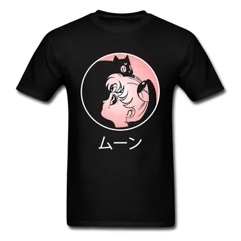 Luna Umetnost Moške majice Cat & Sailor Moon T Shirt Yin Yang Anime Tshirt Za Odrasle Bombaža Ženske Vrhovi Slim Fit Tees Poletje