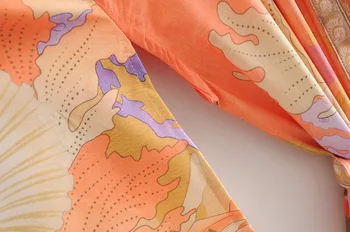 2020 Bohemia Oranžna morska deklica Cvet Žerjav Tiskanja Dolgo Kimono Rokavi Etnične Vezna gor Sashes Dolge Počitnice Jopico Svoboden Bluzo Vrhovi
