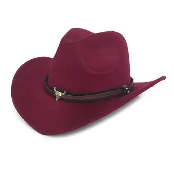 Kovinski krava glavo zahodni kavbojski klobuk jesen in zimo, volnene jazz klobuk počutil klobuk moške in ženske klobuk