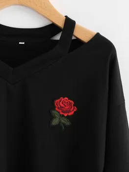 2018 POLETJE kratka majica Rose vezenje črna majica moletom feminino com capuz Vzročno Bluzo debelo AG 15