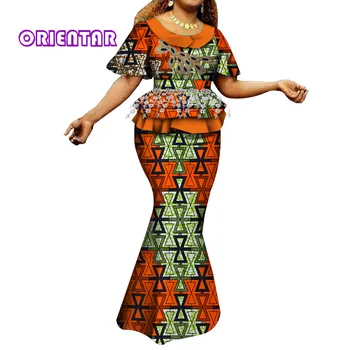 Moda Afriške Krila Nastavite Ženske Afriške Tiskanja Aplicirano Vrhovi in Dolga Krila Ženske Afriška Oblačila Obleke WY6402
