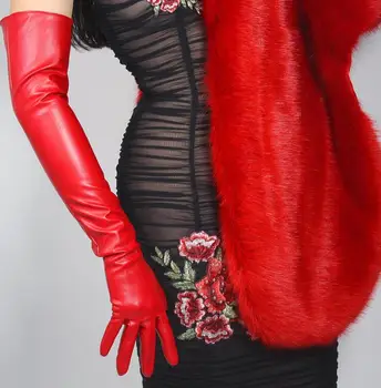 Ženska moda in ženske seksi širok rokav pu umetno usnje rokavice lady ' s club uspešnosti formalno stranko usnje dolge rdeče rokavice 50 cm R1965