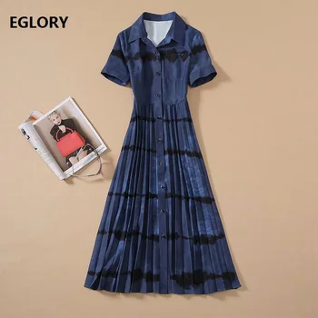 Novi korejski Modni Slog Obleko Ženske Zavoj navzdol Ovratnik Gradient Barvno Tiskanje Kratek Rokav Temno Modra Dolgimi Rokavi Obleka Naguban