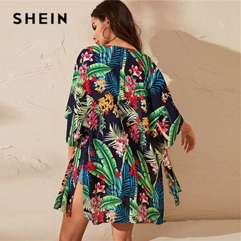 SHEIN Multicolor Tropskih Tiskanja Batwing Rokav Split Strani Kimono Ženske Pol Rokav Vrh Poletje Ženske Boho Dolgo Kimonos