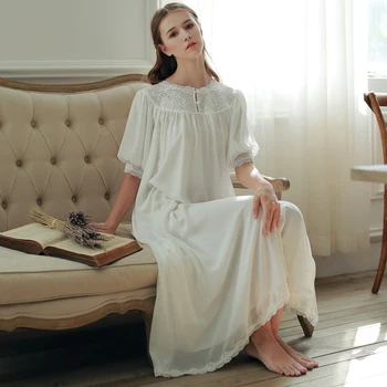 Ｗomen Vezene Šifon Kratka Sleeved Dolgo Nightdress Visoko Kakovostni Bambusa Vlaken Retro Vintage Mehke Čipke Nightgown