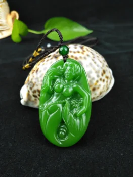 Kitajski Zeleni Jade Morska Deklica Obesek Kroglice Ogrlica Čar Nakit, Modni Dodatki, Ročno Izrezljano Moški Srečen Darila Amulet Vroče