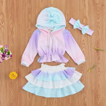 2020 Moda Padec Baby Dekleta Kompleti Oblačil Tie Dye Natisnjeni Ruffles Hooded Long Sleeve Jopica Vrhovi A-Line Krila Glavo 3Pcs