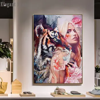 Lepota Živali Tiger Cvet Povzetek Dekorativne Slike Črno Bel Moda Plakat Nordijska Wall Art Platno, Tisk Sodobne Dom Dekor