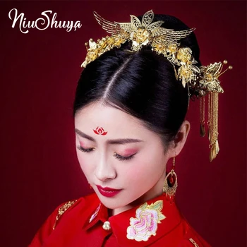 NiuShuya Kitajski Slog Nevesta Pokrivala Phoenix Coronet Klasični Poročni Dodatki Zlato Krilo Obliko Poročne Nakit