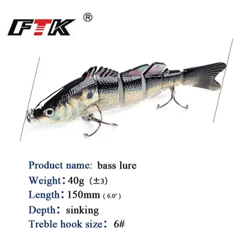 FTK 40g Potopu Multi Spojen Swimbait Fishing Lure 15 cm 6 Segment Jerkbait Za Ščuka Bas Težko Vabe 3D Oči Wobblers Crankbaits