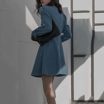 Dolg Rokav Obleka Ženska Kvadratnih Ovratnik Francoskem Slogu Visoko Pasu Korejska Različica A-Line Mini Obleke Retro Chic Femme Gumbi Tide