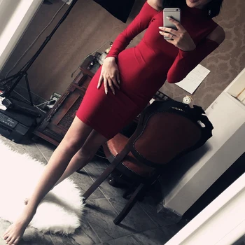 Hladno Ramo Dolg Rokav Obleka Izruga Vratu Sukienka Black Bodycon Mini Obleka Red Party Night Klub Tesen Moda Za Ženske Do Leta 2020 Obleko