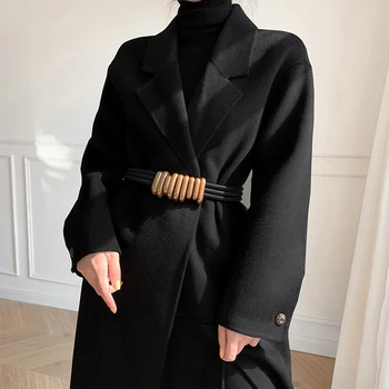 Črna Volnena Plašč Žensk Mid - dolžina 2020 Nove Jesensko Zimske Solid Black Oblazinjeni Hepburn Slog, Volna, Dlaka Outwear