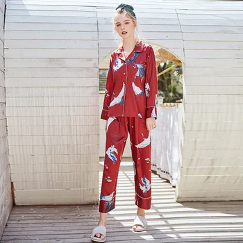 FINETOO Ženske Pižame Nastavite Dolgi rokav Hlače Živali Natisnjeni Mehko Sleepwear Lady Pižamo Imitacije Svile Preprost Stil Pižami