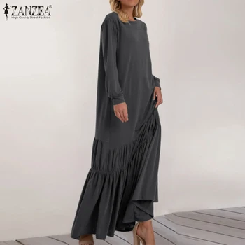 ZANZEA Maxi Dolgo Obleko za Ženske 2021 Ženske Ruffle Vestidos Priložnostne Puff Rokav Haljo Femme Prevelik 5XL Jeseni Trdna Sundress