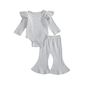 Oblačila za malčke Baby Dekleta Romper Trdna Ruffle Dolgimi Rokavi, okoli Vratu Gumb Zaprtje Romper Dolge Hlače 2PCS Novorojenčka Set