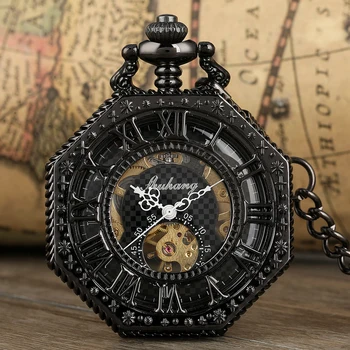 Klasični Mehanski Strani Veter Octagon žepna ura Moških Rimsko Številko Votlih Ura Steampunk Fob Ure Verige reloj de bolsillo