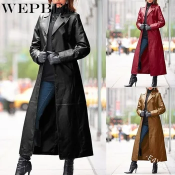 WEPBEL Ženske Mode Dolgo Usnjeno Jakno Priložnostne Svoboden Gumb Trdna Dolg Jarek Coats Steampunk Gothic River Jopiči Biker Jacket