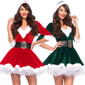 2019 Odrasli Gospa Women Slim Fit Hooded Seksi Žamet Božič Obleko Kostume Ženski Santa Claus Cosplay Božič Fancy Stranka Obleko