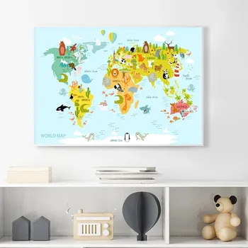 Cartoon Živali Ocean Svetovni Zemljevid, Platno Slikarstvo Plakatov in Fotografij Baby Razsvetljenje Stenskih slikah Otrok Spalnica Dekoracijo