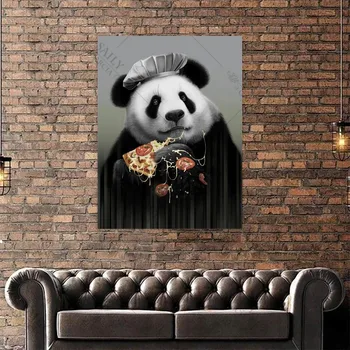 Platno Slikarstvo Pizza Panda Hd Tiskanje Plakatov Črni Klobuk Srčkan Lep Živali, Stenskih slikah, za dnevno Sobo Plakat Umetnine Dekor