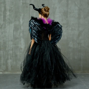 Otroci Oblačila Maleficent mačehe Dekleta Tutu Obleko z Rogovi Krila Halloween Cosplay Čarovnice Kostum za Otroke Stranka Obleko