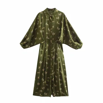 PSEEWE Za Obleko Ženske Zelena Tiger Tiskanja Dolgimi Rokavi Obleka Ženska 2021 Elegantna Gumb Puff Rokav Stranka Obleke, Ženski Priložnostne Obleke