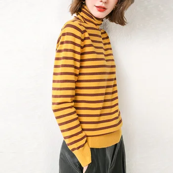 2019 jeseni in pozimi nov pulover pol-visok ovratnik ženski dolgo sleeved dno majica fashion horizontalni črtasto pulover