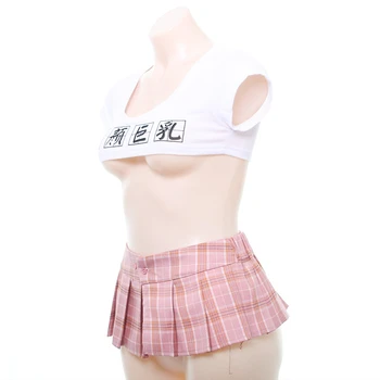Seksi Ženska Japonski Slog-line Mini Krilo, Ekstra Kratek ShirtSet Vroče Slim Dekle Ravno Prsi Srčkan Oblačila Pregleden bombaž narejen